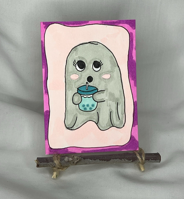 ACEO Ghost “Boo-berry Shake” Original Signed Acrylic Paper Ghost OOAK
