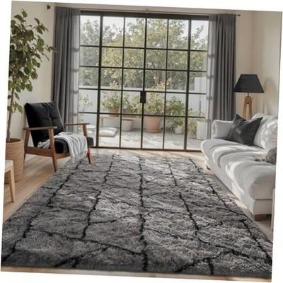 Triangle 5x7 ft Fuzzy Rug for Living 5' x 7' (Rectangular) Grey Black Triangle