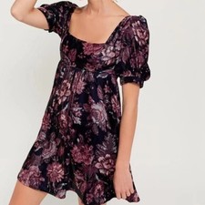 Urban Outfitters Penelope Velvet Babydoll Floral Dress Puff Sleeve Small