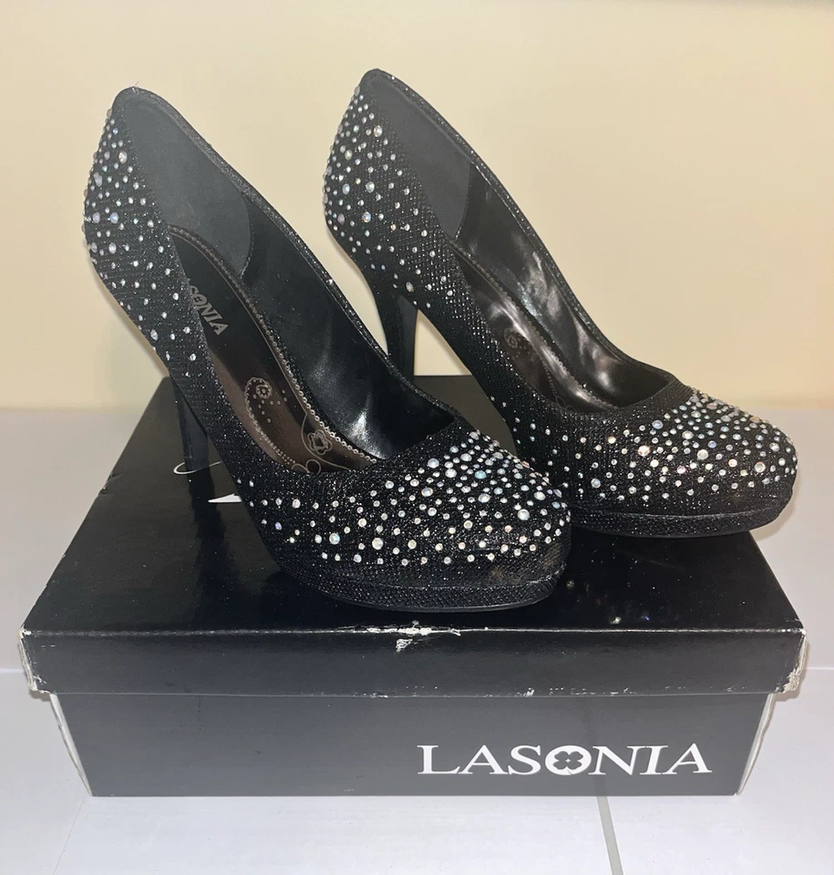 Women’s Lasonia Sparkle Black Dress Heels 7.5 – Closed Toe Party Shoes In Box - Image 3 of 4