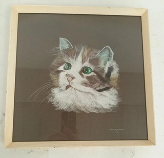 Original Pastel Cat Portrait Signed Peter Ward Framed Glazed 15" x 15" Vintage