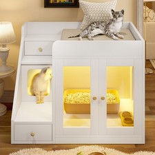 Hidden Cat Litter Box Enclosure with Light 2 Drawers Indoor Cat House Side Table