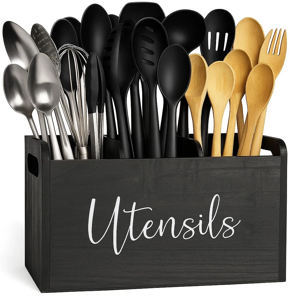 Black Kitchen Utensil Holder for Countertop – Large 3-Compartment Wooden Orga...