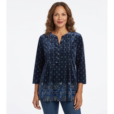New Croft & Barrow Velvet Henley Top Large Floral Pintuck 3/4 Sleeve Stretch