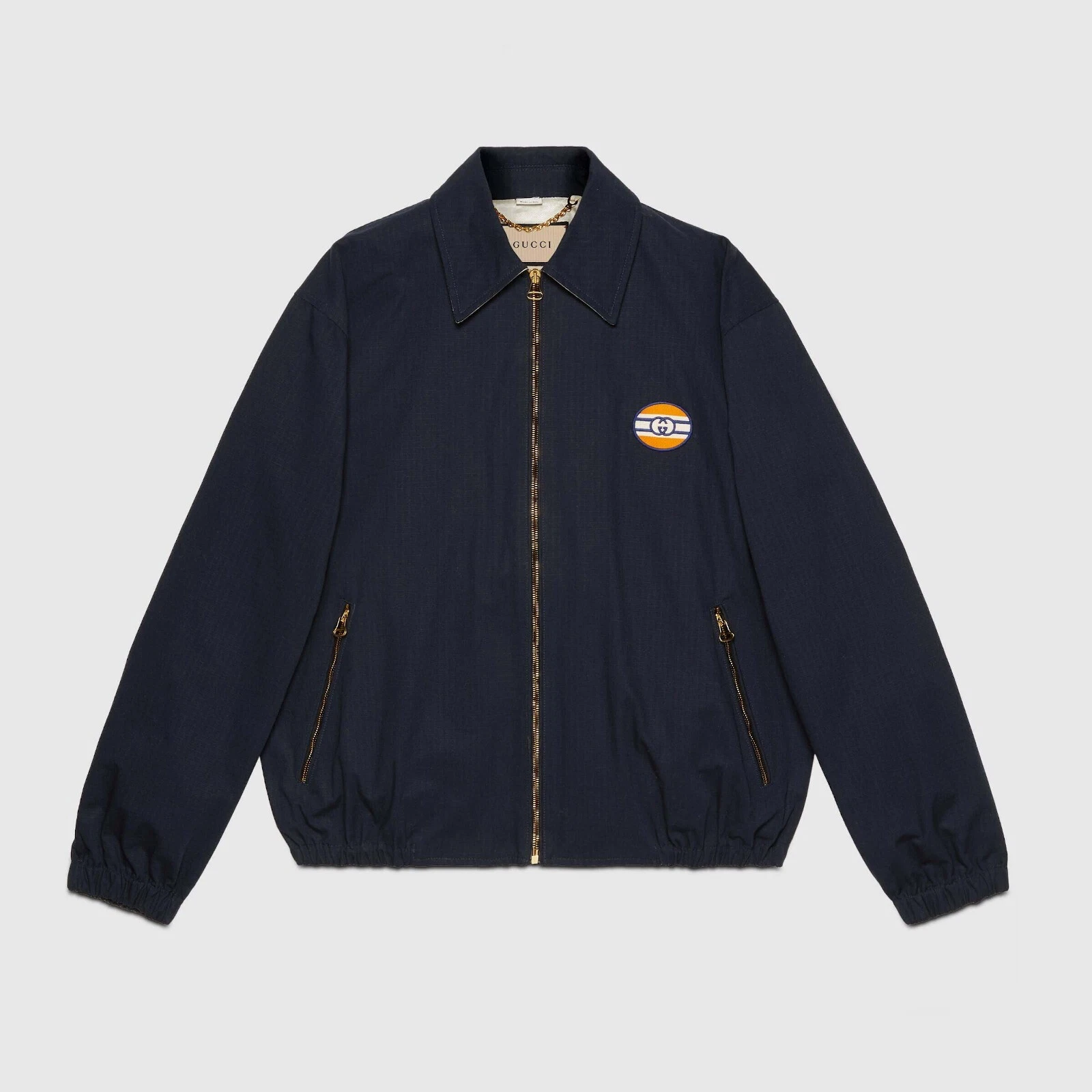 Bomber GUCCI blu navy logo applicato taglia 50 IT Large autentico nuovo con etichetta