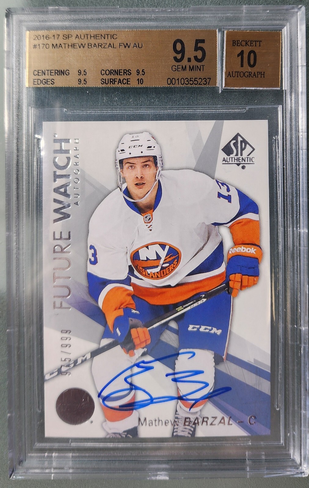 Mathew Barzal RC '16-17 SP AUTHENTIC F.W. AUTHENTIC AUTO ⭐/999⭐ GEM MINT BGS 9.5