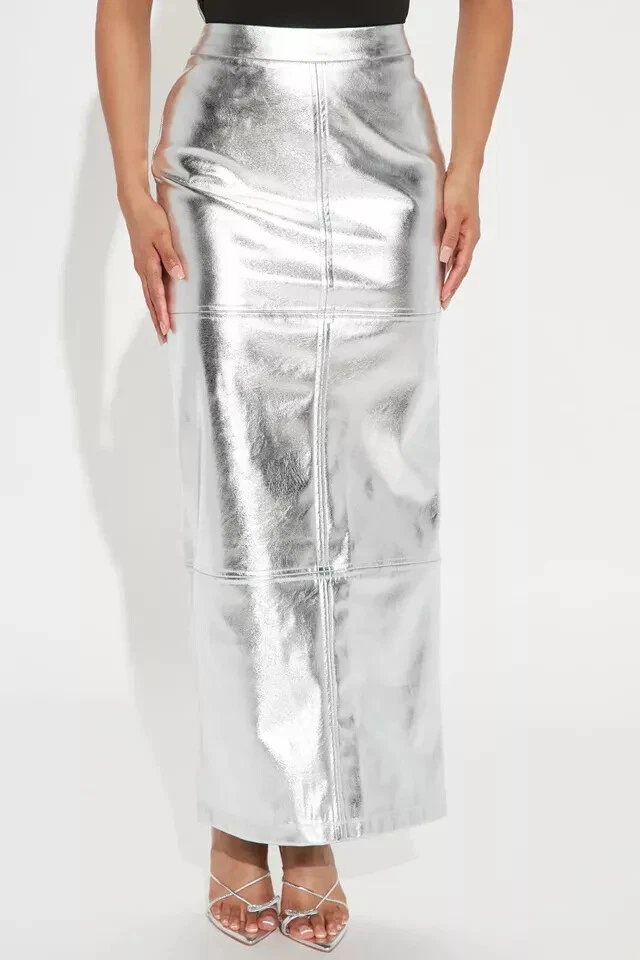 Stylish Trendy Women's Silver Skirt Handmade Pure Lambskin Leather Party Skirt - Image 2 of 4