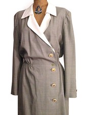 Louis Feraud Vintage Wrap Style Wool check Dress w Daisies gold buttons