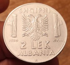 2 Lek 1939 Amagnetica, Vittorio Emanuele III Albania, Rara, Rif. 4483