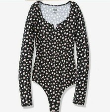 Victoria's Secret Pink Long Sleeve Bodysuit Black Floral Print L