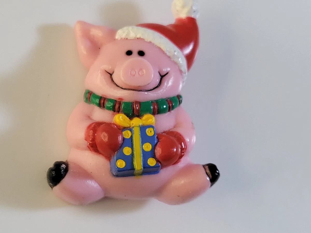 Vintage Plastic Signed Pig Christmas Pin Present Santa Hat SO CUTE!!!! RARE