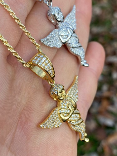 Solid 925 Silver 14k Gold Plated Angel Hip Hop Pendant Iced CZ Men's 2" Piece - Picture 7 of 14