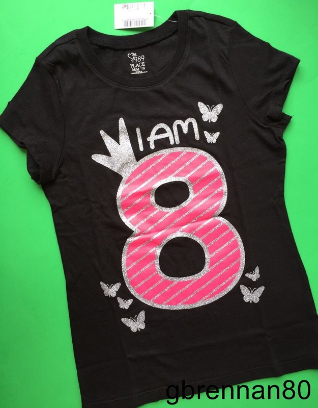 NEW! 8th BIRTHDAY "I AM 8" Years Girls Graphic Shirt 7-8 Medium Gift! Black SS