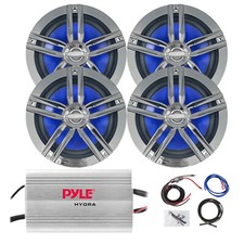Enrock Marine 6.5" 180W 2-Way Chrome Speakers QTY 4 , Pyle 4-CH Amplifier w/Kit