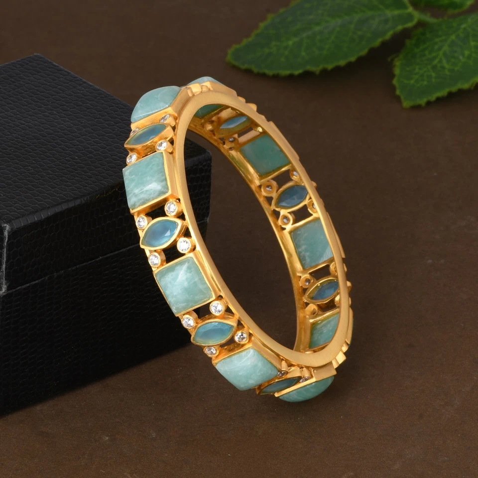 Brazaletes de mujer amazonita y calcedonia azul diseñador latón chapado en oro de 18 quilates joyería Foto 2 de 4