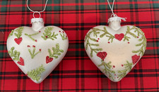 Set/2 White Heart Ornaments, glass, red  green glitter accents, 3 3/4" Tall NWT