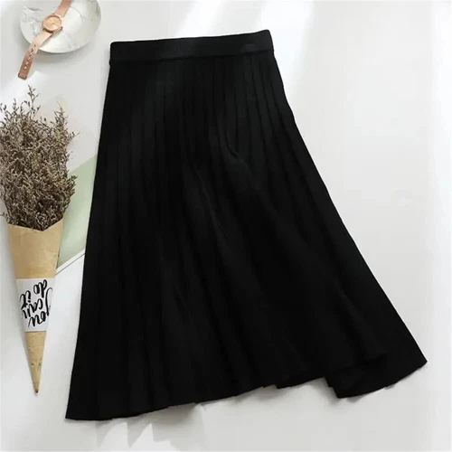 Women Knitted Midi Skirt Black A-Line High Waist Elegant Pleated Long Skirt - Picture 14 of 20