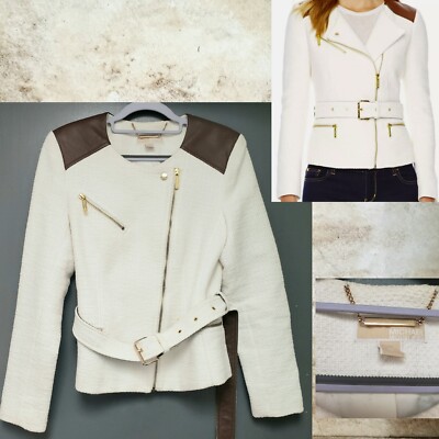 Trendy Michael Michael Kors Crem Beige Tweed Moto Jacket Leather Accents,belt 10