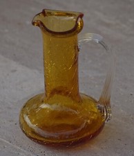 VINTAGE Blenko Crackle Glass Mini Pitcher Jug 4 1/3"H Amber 1960's Made in USA