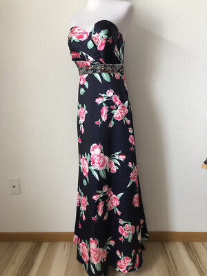 Vtg Maxi Dress Off Shoulder MAY QUEEN COUTURE Huge Floral Navy Party Gown Prom 8