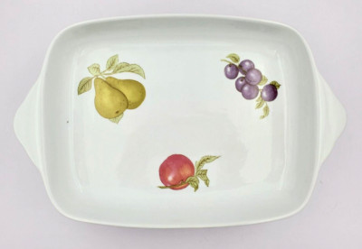 Beautiful Vintage 12'' Lasagna Stoneware Pan with Handles Apple Pear Grapes