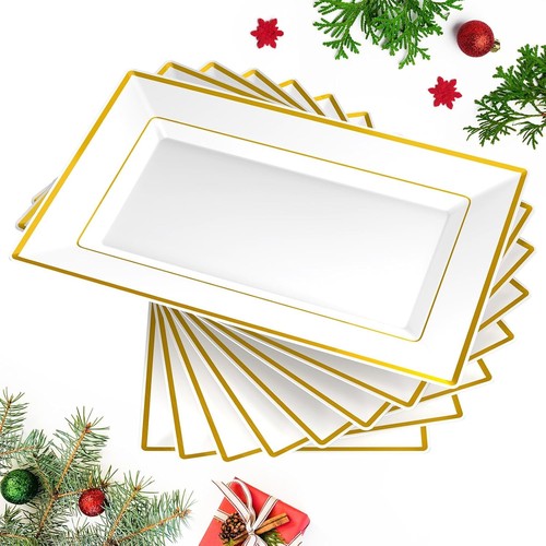 Plastic Serving Trays Gold Rim White Disposable Large Pack 8pcs - Picture 3 of 11
