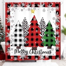 Christmas Tree Shower Curtain Red Buffalo Plaid Xmas Tree Snowflake Winter