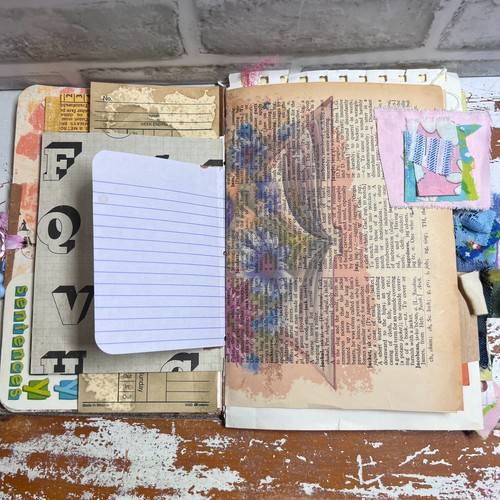 Handmade Junk Journal, Mixed Media Art Journal w Fabric Tie and Beaded Dangle - Picture 4 of 10