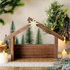 Christmas Wooden Nativity Manger Wood Nativity Scene with Roof Star 14.5 x 10...