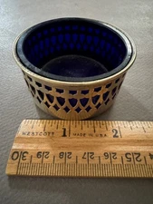 BSC EPNS SILVERPLATE PIERCED METAL COBALT GLASS INSERT OPEN SALT CELLAR VTG