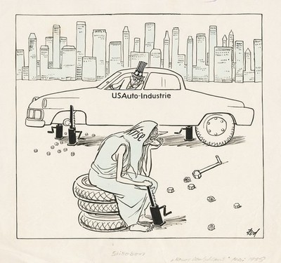 Eisenhower Recession USA Auto industry Karikatur Alfred Beier-Red Zeichnung 1958