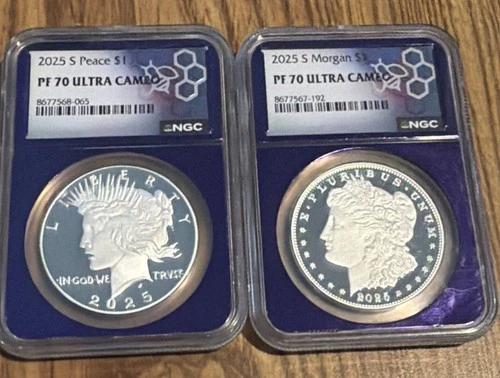 2 Coin Set 2025-S Proof Morgan & Peace  Silver Dollars - NGC PF 70 ULTRA CAMEO