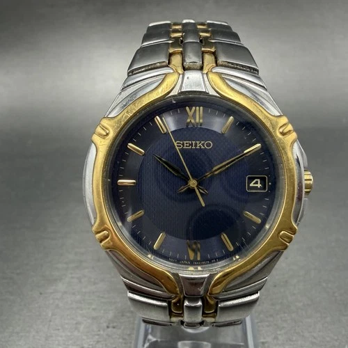 Seiko Watch Men 37mm Blue Dial Two Tone Date Round 7N42-6C10 New Battery AB0