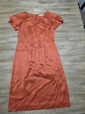 Banana Republic Orange Satin Sheath Dress V-Neck Pleated Stretch Knee Length 6