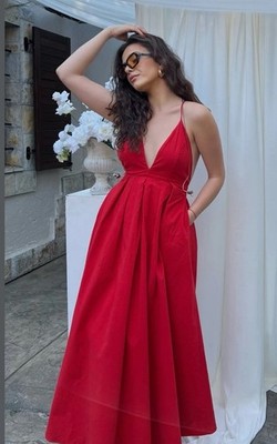 ZARA WOMAN SS25 ZW COLL. OPEN BACK LONG DRESS RED COTTON