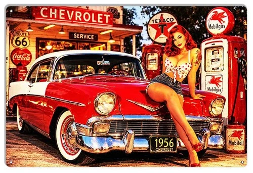 Vintage Style Metal Sign Chevy Pinup Gas Station 12x18  Made USA