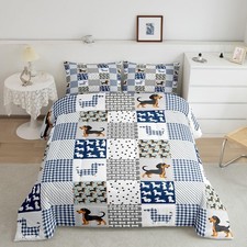 Cartoon Dachshund Bedding Set Cute Puppy Dog Comforter Set Geometric Plaid Sa...