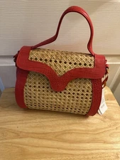 NWT Maria Antonietta Red Leather and Woven Rattan Satchel Bag