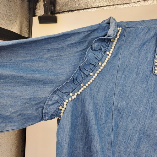 Camisa con Volantes Cato Azul Cambray Botón Frontal Western Glam Vaquera Nashville 18/ - Imagen 5 de 11