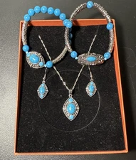 Canyon Sky Silver Necklace Bracelet  Earring Set Faux Turquoise w/Extra Bracelet