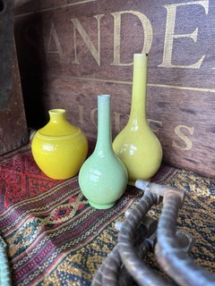 Trio Of Antique Chinese & Japanese Monochrome Bottle Vases Yellow Green Qing