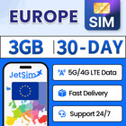 JetSim Europe Travel SIM Card (30 Days) 3GB 5G/4G LTE High-Speed Data 3-in-1 SIM
