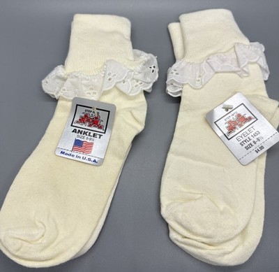 Vtg 80s-90s Women's Ivory Lace Ruffle Frilly Ankle Socks Eyelet New Cotton USA