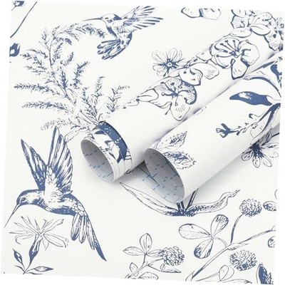  Peel and Stick Wallpaper Contact Paper Floral 17.3'' x 118'' Blue and White