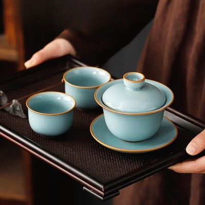 Ruyao Ceramics Gaiwan Cups 3PCS 170ml 5.7oz Crackled Glaze Blue Kungfu Tea Set