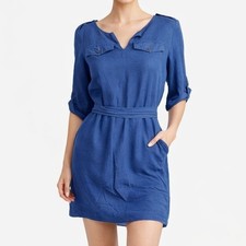 Banana Republic Shift Dress Women 0 Blue Linen Blend Utility Safari Short Sleeve