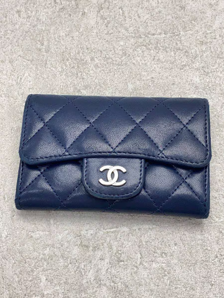 CHANEL Leather Card Case NVY Women's