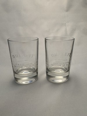 2 ORIGINAL OVAL BULLEIT BOURBON FRONTIER WHISKEY GLASSES  NOS EMBOSSED-WEIGHTED