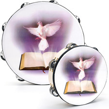 2 Pack 10" and 8" Dove Bible Church Tambourine Set, Wooden Hand Held Percussio