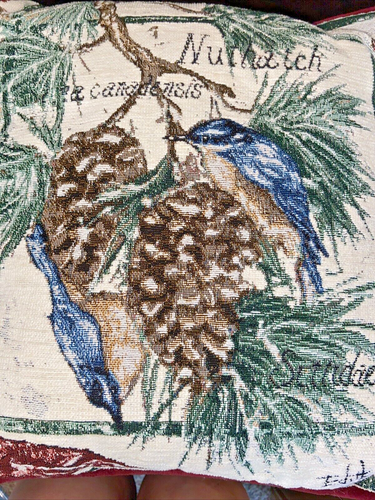 Vintage Tapestry Throw Pillow Floral Bird Velvet Winter 15x15 Cottage Signed - Picture 3 of 15